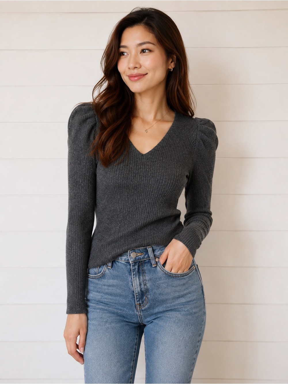 Milly Charcoal V-Neck Puff Sleeve Ribbed Sweater
